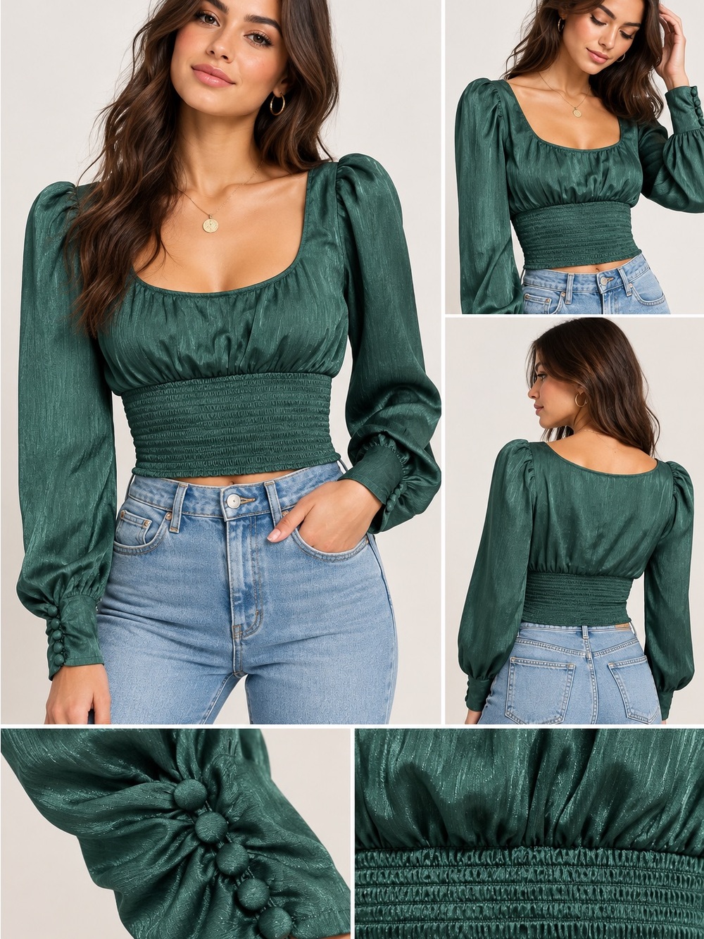 Free People Emerald Green Satin Smocked Waist Puff Sleeve Crop Top